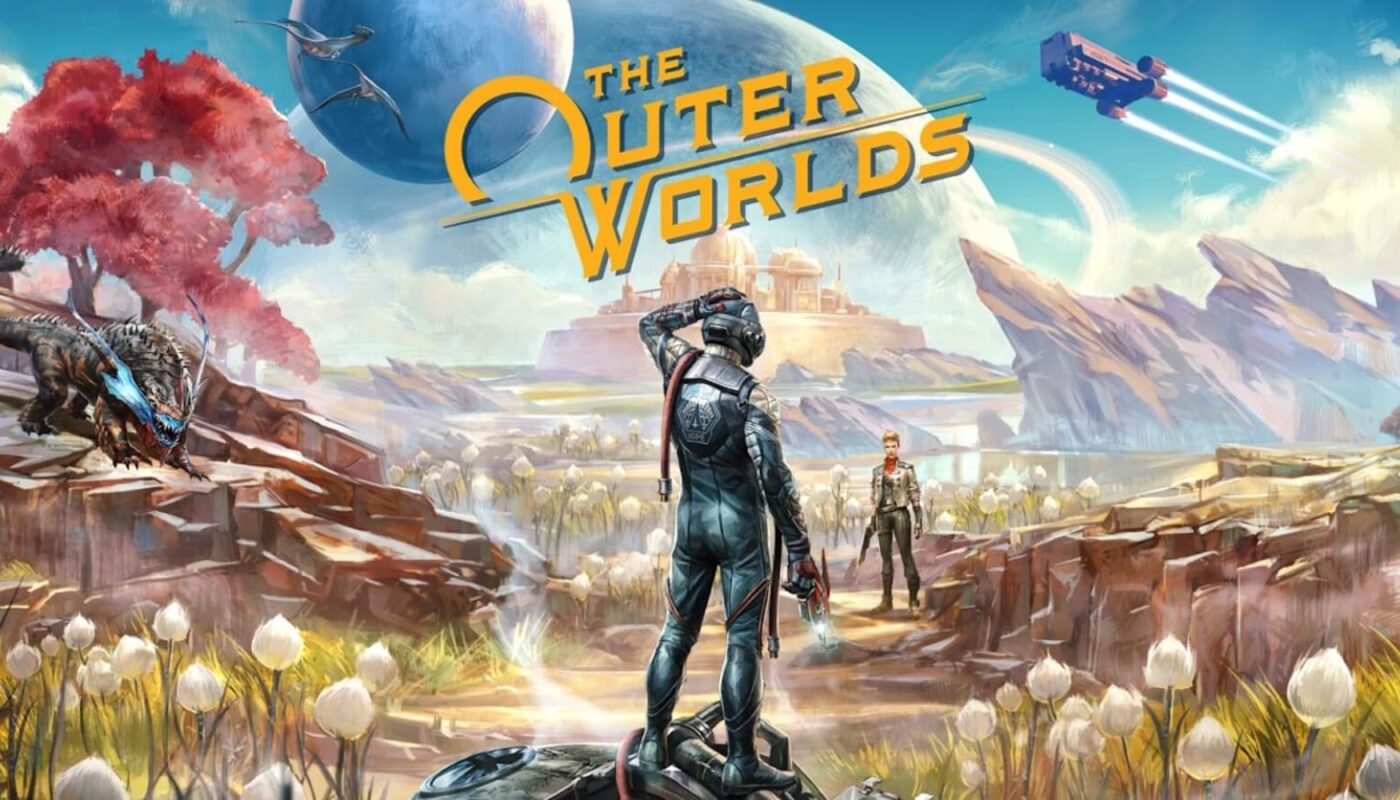 Arte com título ‘The Outer Worlds’ em letras amarelas no topo. Em cenário alienígena com rochas e vegetação estranha, personagem com traje espacial observa outro ao longe enquanto criatura grande aparece à esquerda e nave cruza o céu com planeta azul ao fundo.