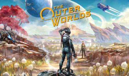 Arte com título ‘The Outer Worlds’ em letras amarelas no topo. Em cenário alienígena com rochas e vegetação estranha, personagem com traje espacial observa outro ao longe enquanto criatura grande aparece à esquerda e nave cruza o céu com planeta azul ao fundo.