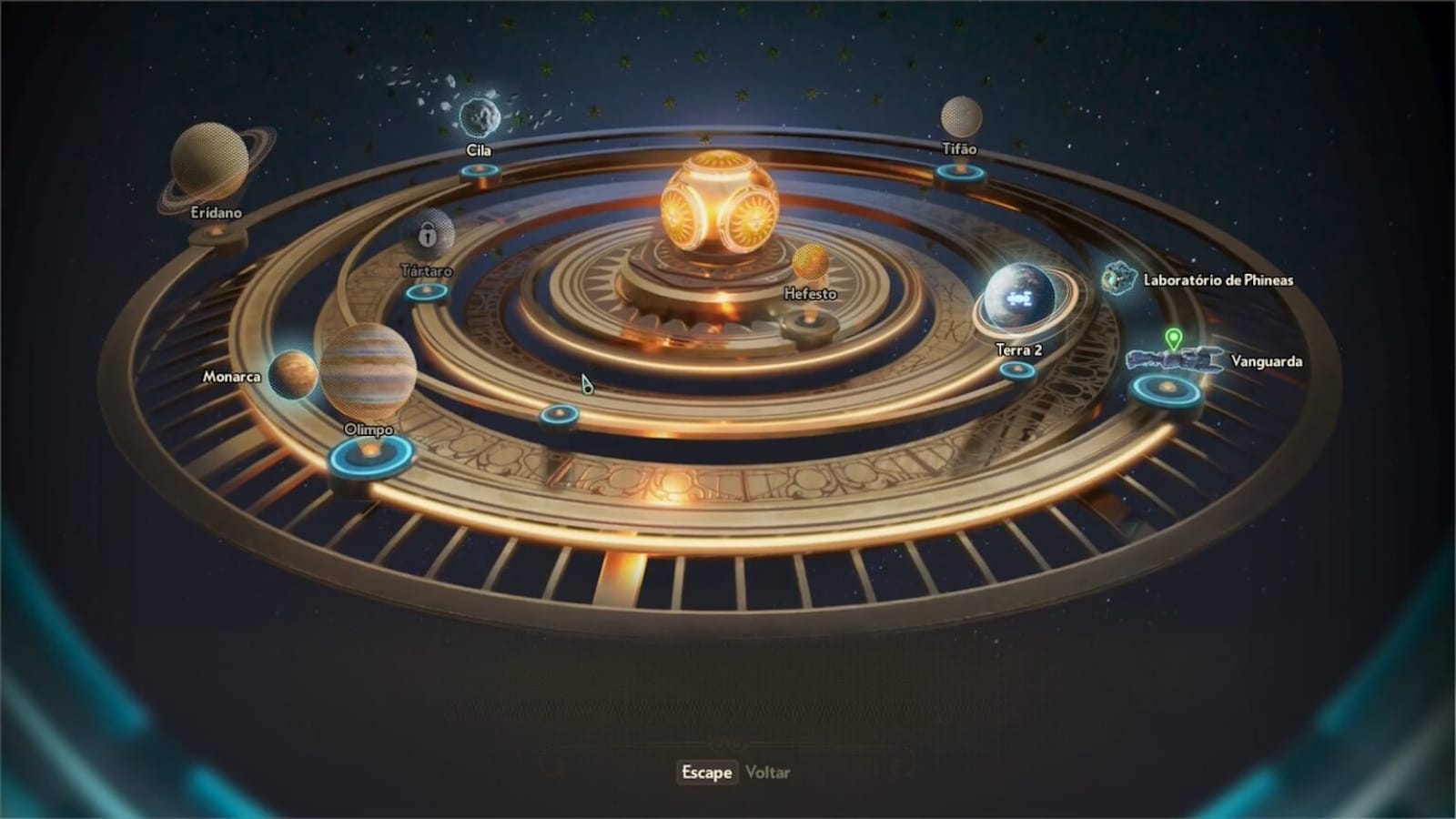 Interface futurista mostrando orbe dourado central cercado por anéis e planetas rotulados como Eridano, Monarca, Olimpo, Tártaro, Hefesto, Cila, Tifão, Terra 2, Laboratório de Phineas e Vanguarda. Elementos metálicos e luminosos compõem o visual.