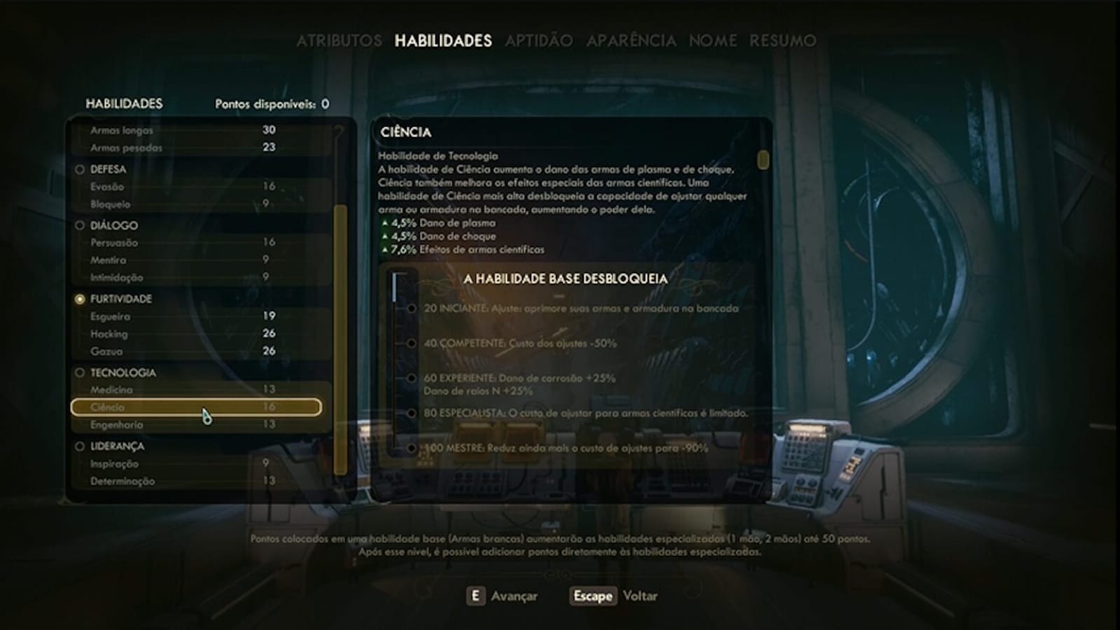 Tela de menu com categorias de habilidades como Armas, Defesa, Diálogo, Furtividade, Tecnologia e Liderança, cada uma com níveis numéricos. A seção Ciência está destacada com descrição dos efeitos e bônus. Ao fundo, sala futurista com máquinas e janela circular.