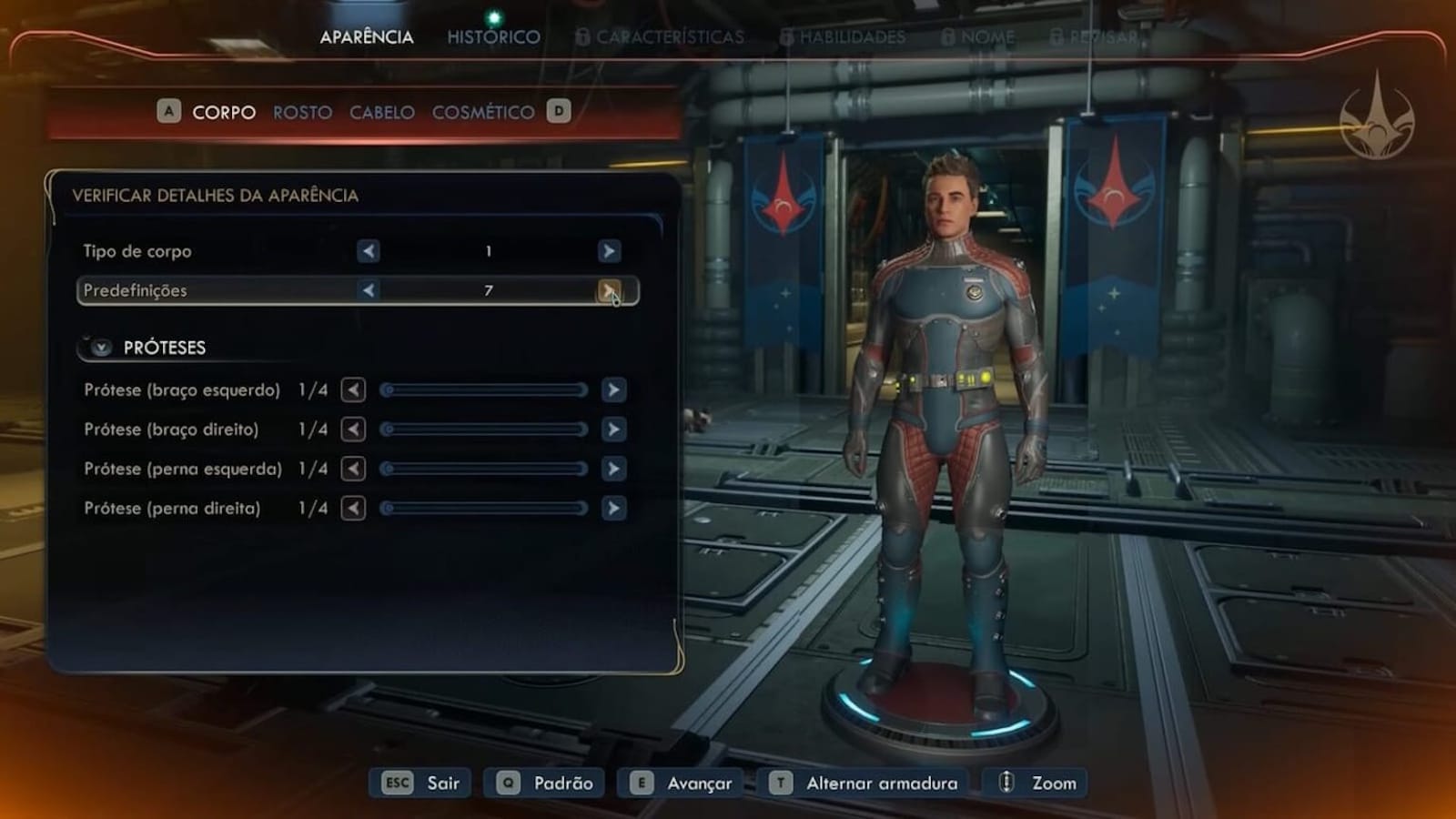 Tela de jogo mostrando personagem em traje futurista metálico com detalhes vermelhos em ambiente sci‑fi. À esquerda há menu com opções de tipo de corpo, predefinições e ajustes de próteses nos braços e pernas.