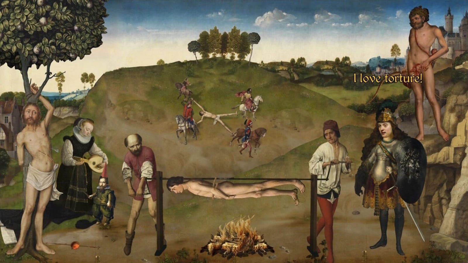 Montagem digital baseada em pintura renascentista mostrando várias cenas de tortura e execução. À direita, figura com chicote aparece ao lado do texto ‘Eu amo tortura!’ inserido de forma moderna.