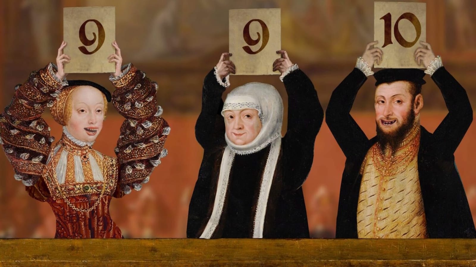 Três personagens vestidos com roupas renascentistas exibem placas com números: 9, 9 e 10. Fundo interno em tons quentes sugere plateia desfocada, criando efeito humorístico de julgamento.