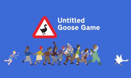 Ilustração com fundo azul mostrando várias pessoas correndo atrás de um ganso branco. No topo, placa triangular vermelha com silhueta de ganso e texto ‘Untitled Goose Game’ à direita.
