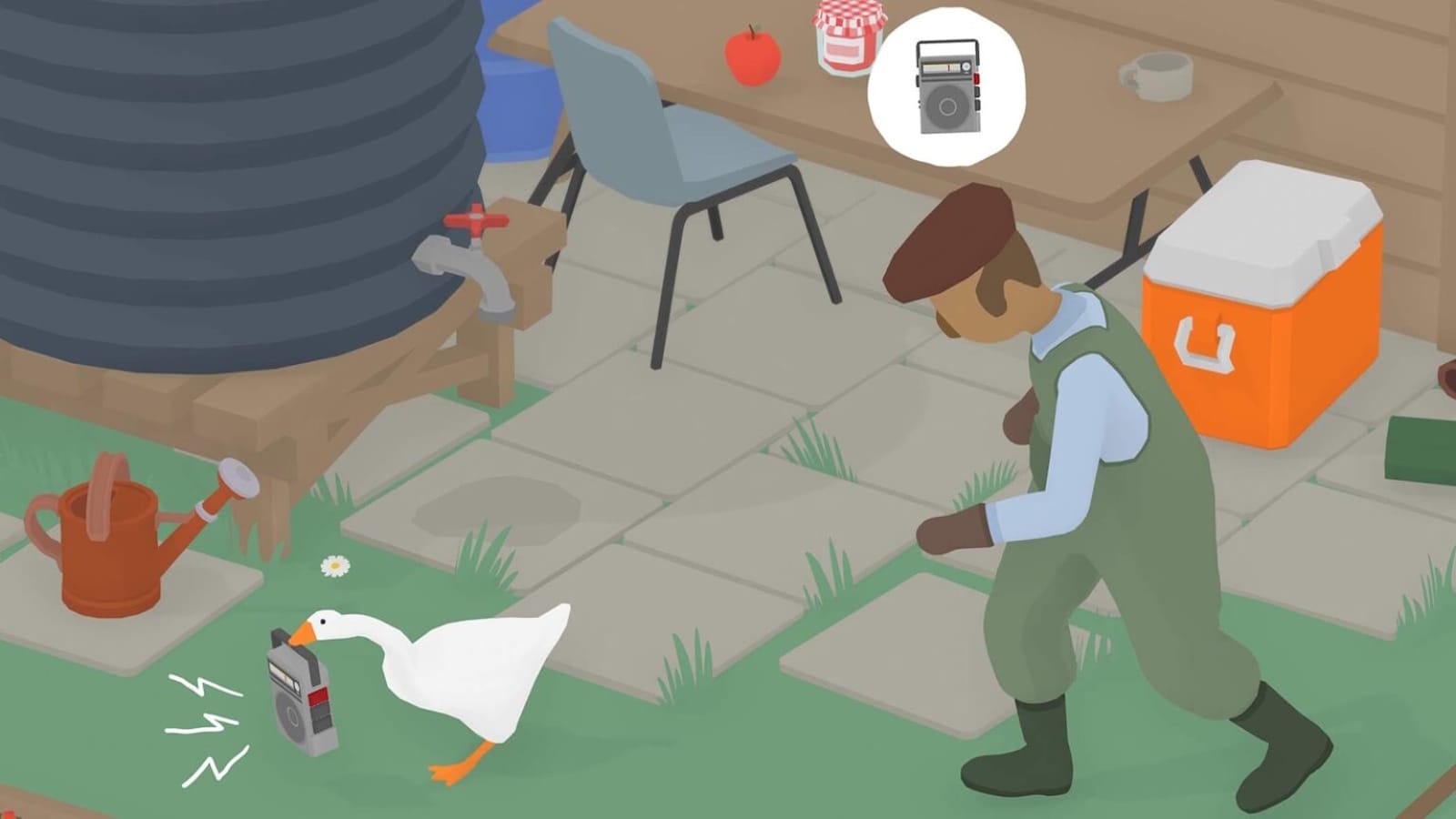 Cena de jogo com ganso segurando rádio que emite ondas sonoras. Jardineiro de macacão verde caminha em direção ao ganso com balão de pensamento mostrando o rádio. Ambiente inclui tanque de água, mesa, cadeira e objetos de jardim.