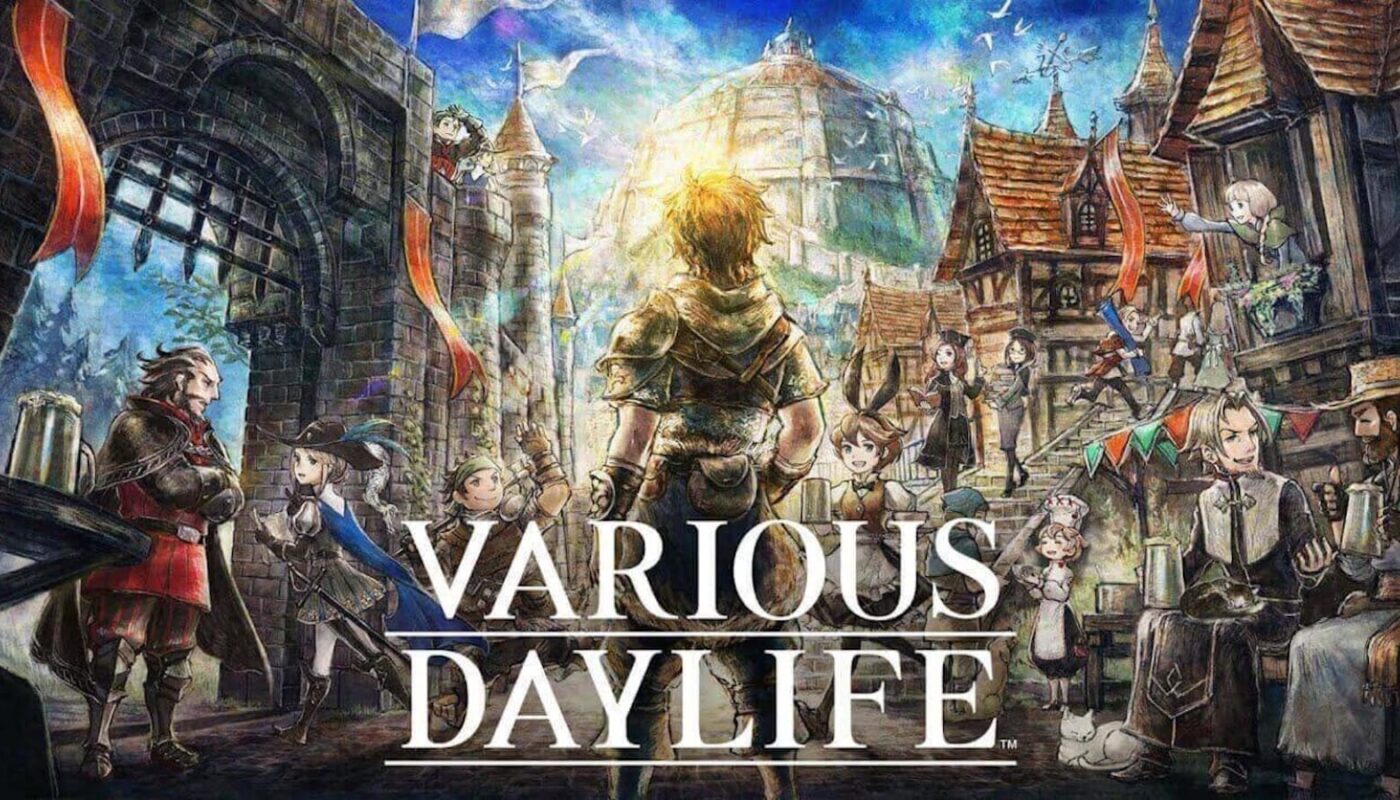 Ilustração de fantasia mostrando personagem armado visto de costas em rua movimentada de cidade medieval com casas de pedra, bandeiras e grande cúpula ao fundo. Texto ‘Various Daylife’ aparece sobre a cena.