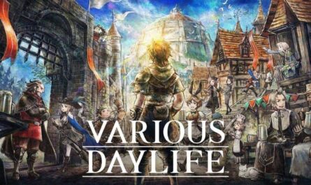 Ilustração de fantasia mostrando personagem armado visto de costas em rua movimentada de cidade medieval com casas de pedra, bandeiras e grande cúpula ao fundo. Texto ‘Various Daylife’ aparece sobre a cena.