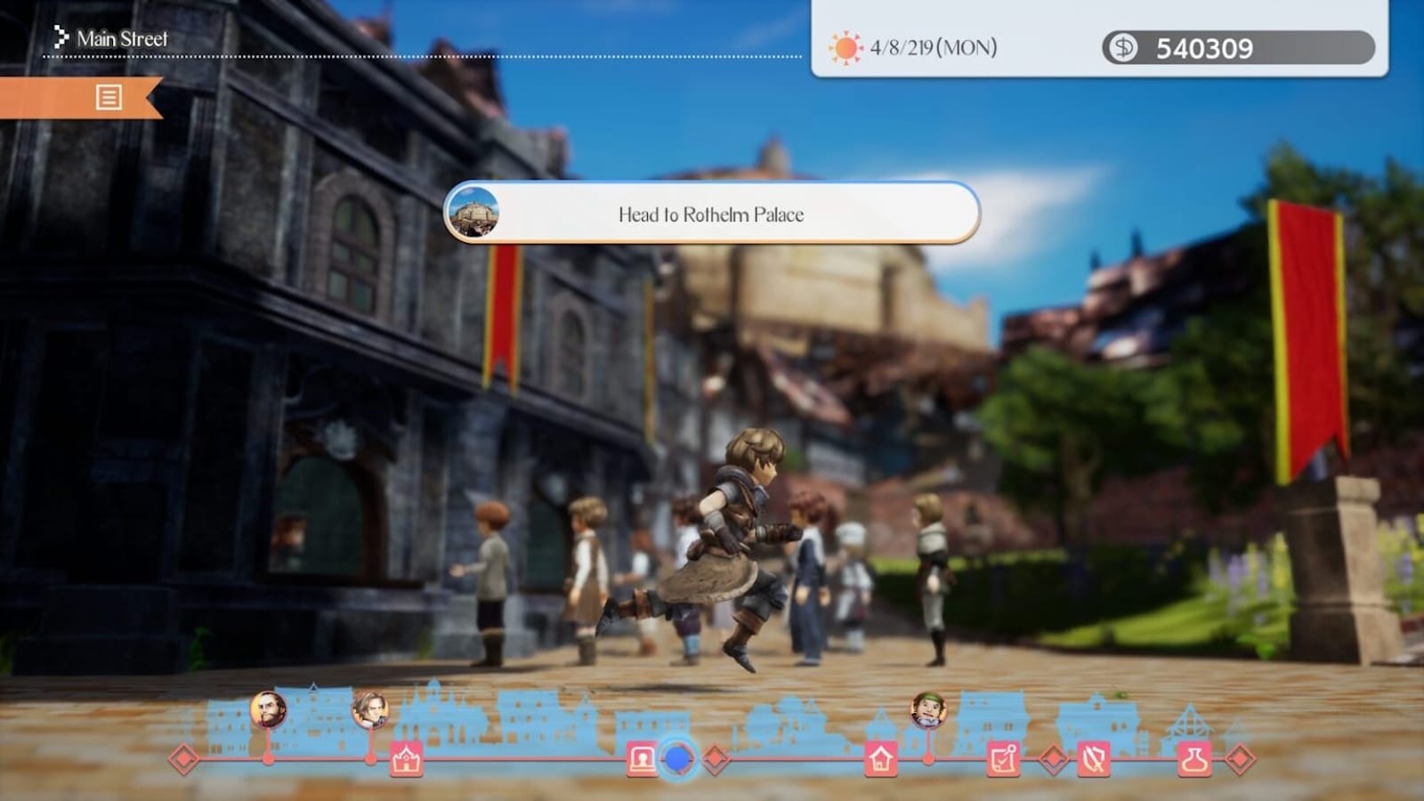 Cena de jogo com personagem correndo por praça com prédios de pedra, bandeiras vermelhas e amarelas e NPCs caminhando. Interface mostra localização ‘Main Street’, data, dinheiro e objetivo ‘Head to Rothelm Palace’, além de barra inferior com ícones e retratos.