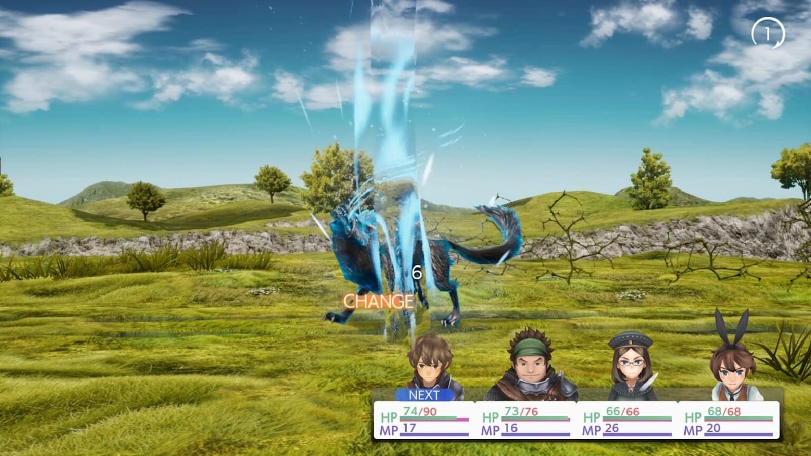 Combate de RPG em campo gramado com colinas e céu azul. Criatura azul semelhante a lobo sofre ataque com efeito gelado.