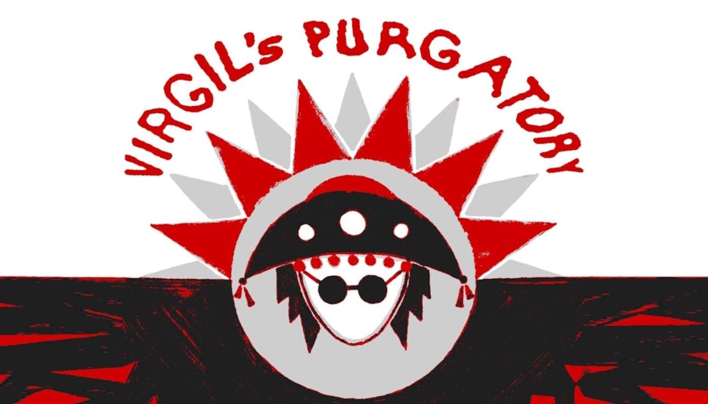 Ilustração estilizada com o texto ‘Virgil’s Purgatory’ em vermelho acima de um círculo central. Dentro do círculo há uma figura abstrata simétrica com formas pretas e brancas que lembram um rosto com óculos redondos e detalhes vermelhos. Triângulos vermelhos e cinzas formam um padrão de raios ao redor do círculo. O fundo é dividido em áreas vermelhas, pretas e cinzas com textura áspera.