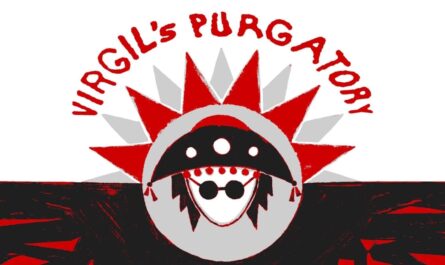 Ilustração estilizada com o texto ‘Virgil’s Purgatory’ em vermelho acima de um círculo central. Dentro do círculo há uma figura abstrata simétrica com formas pretas e brancas que lembram um rosto com óculos redondos e detalhes vermelhos. Triângulos vermelhos e cinzas formam um padrão de raios ao redor do círculo. O fundo é dividido em áreas vermelhas, pretas e cinzas com textura áspera.