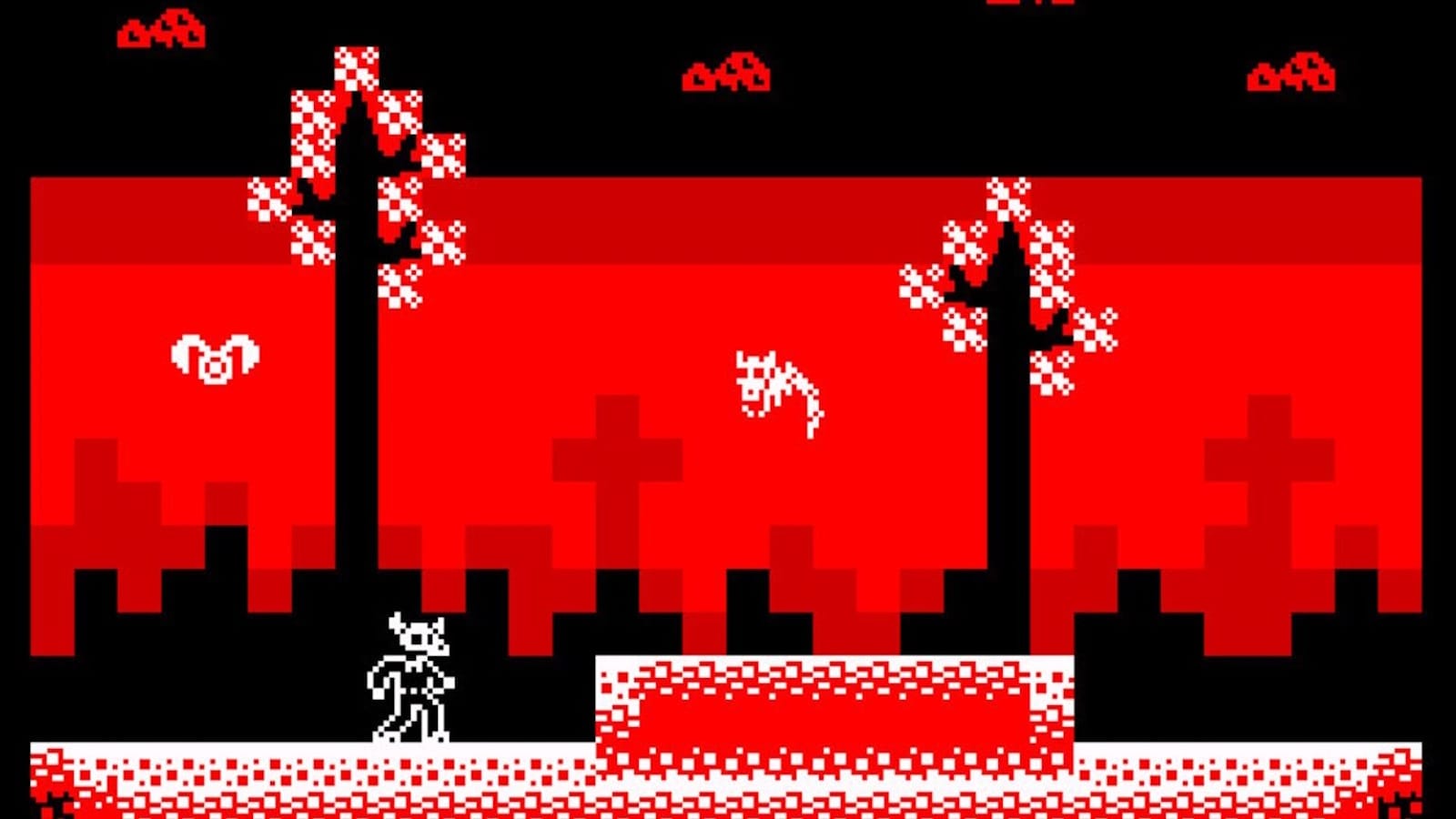 Cena em pixel‑art com céu vermelho, nuvens pretas e silhuetas de cruzes ao fundo. Duas árvores pretas com folhas brancas aparecem no primeiro plano. À esquerda, um personagem branco com chifres está sobre um solo texturizado. Duas criaturas brancas voam no centro e à direita, criando um clima sombrio.