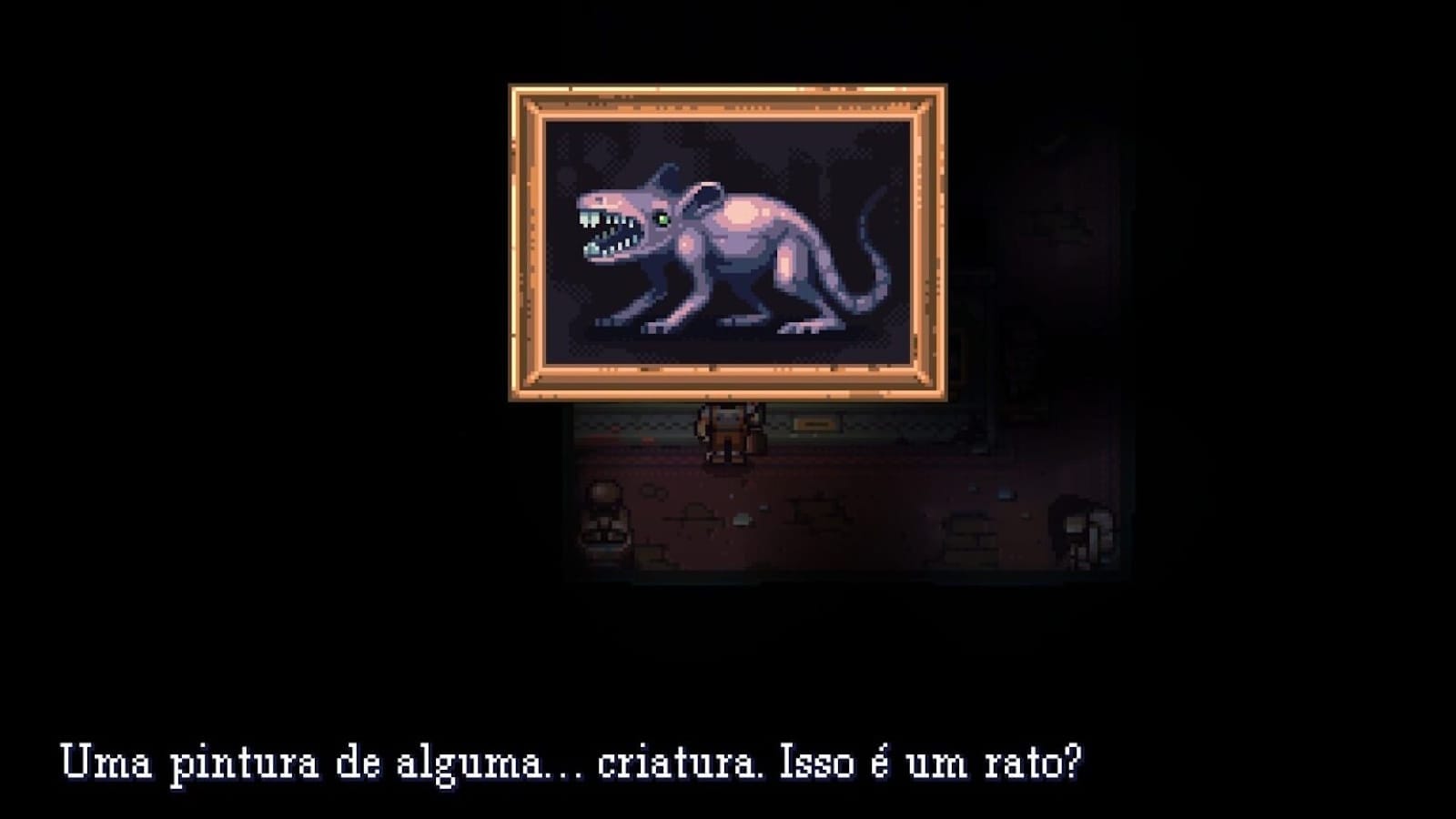 Pixel art mostrando personagem em sala pouco iluminada olhando quadro central com criatura de dentes afiados. Texto em português aparece abaixo descrevendo dúvida sobre ser um rato.