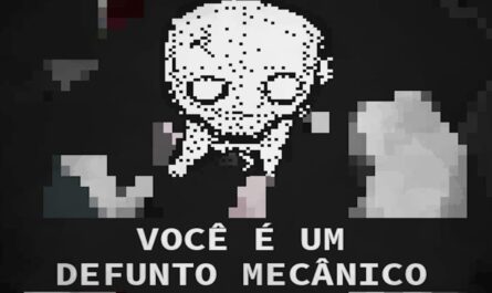 Arte pixelada em preto e branco mostrando figura humanoide com cabeça grande e olhos vazios sobre fundo escuro. Texto abaixo diz ‘Você é um defunto mecânico’.