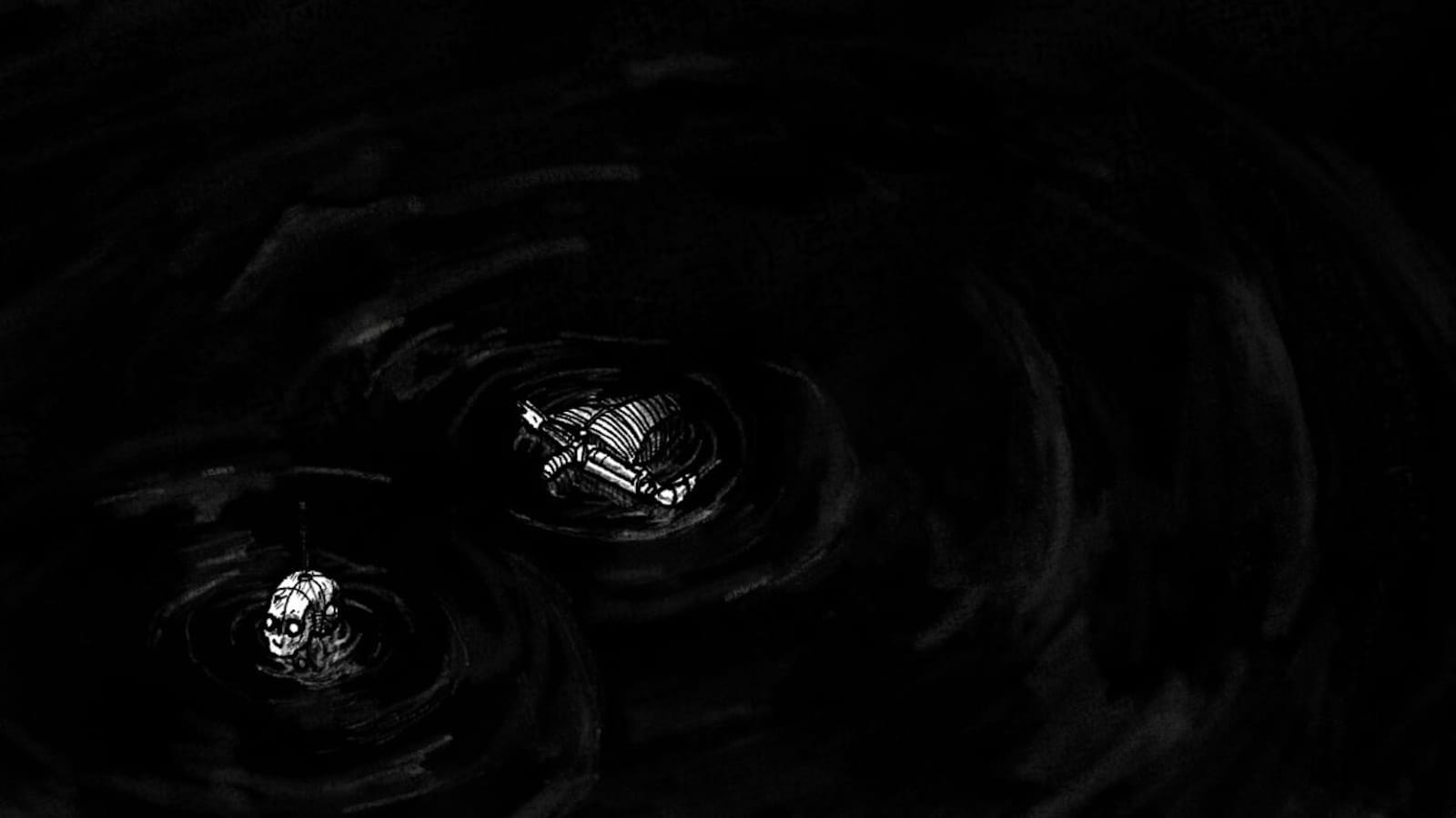 Ilustração monocromática mostrando uma figura com aparência esquelética ou robótica parcialmente submersa em líquido preto. Luz destaca superfícies metálicas enquanto o fundo permanece totalmente escuro.
