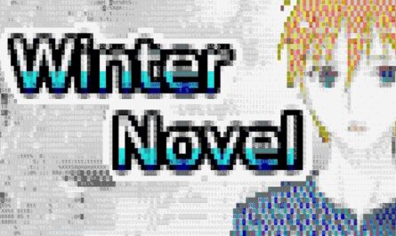 Arte ASCII com título ‘Winter Novel’ em fonte blocada com gradiente preto‑ciano. À direita, personagem de cabelo multicolorido e olhos azuis formada por caracteres, compondo mosaico textual.