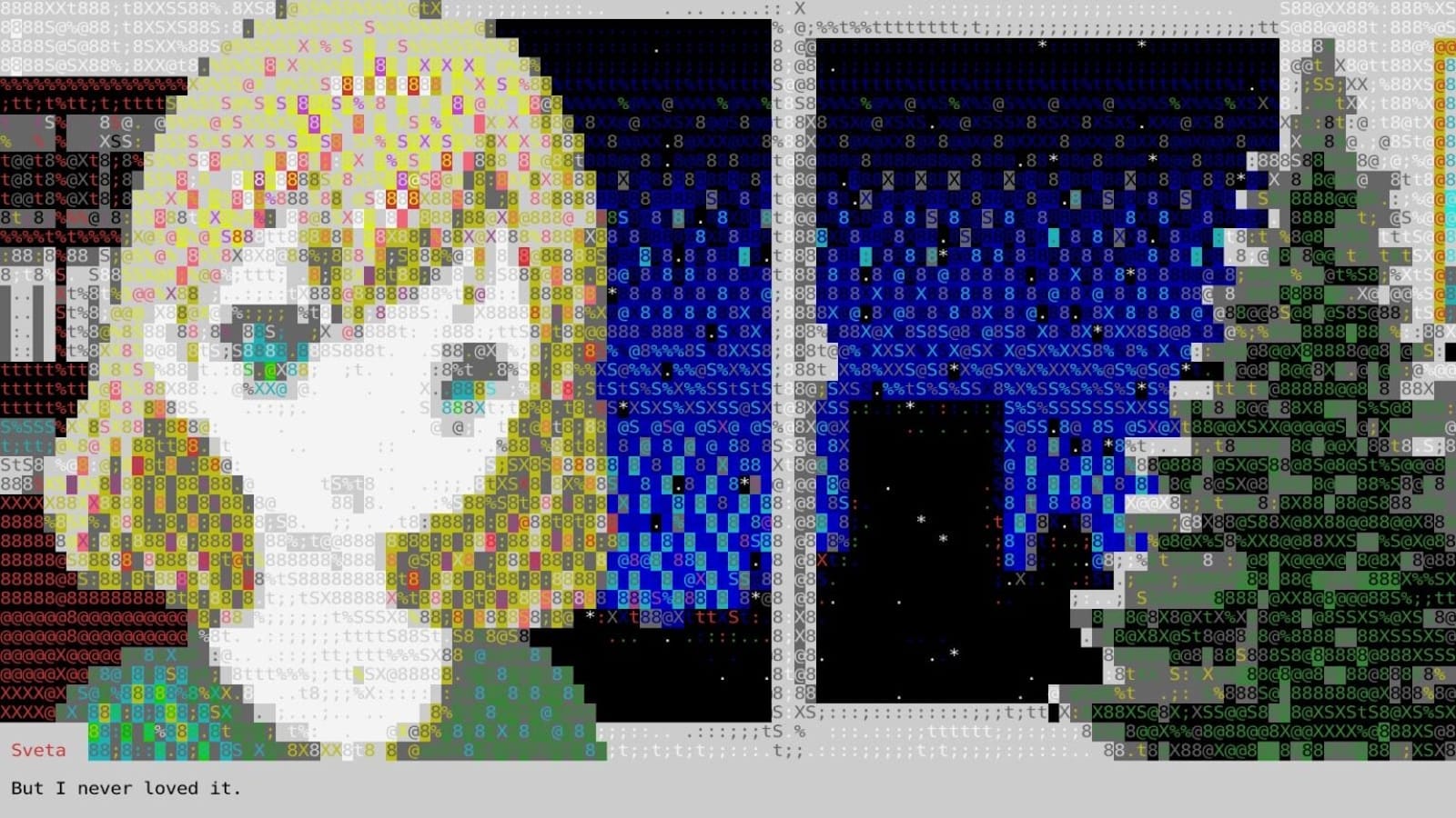 Arte ASCII mostrando personagem de cabelo claro e olhos verdes à esquerda; à direita, janela com céu noturno estrelado e árvore verde decorada. Fundo em tons vermelhos e cinza.