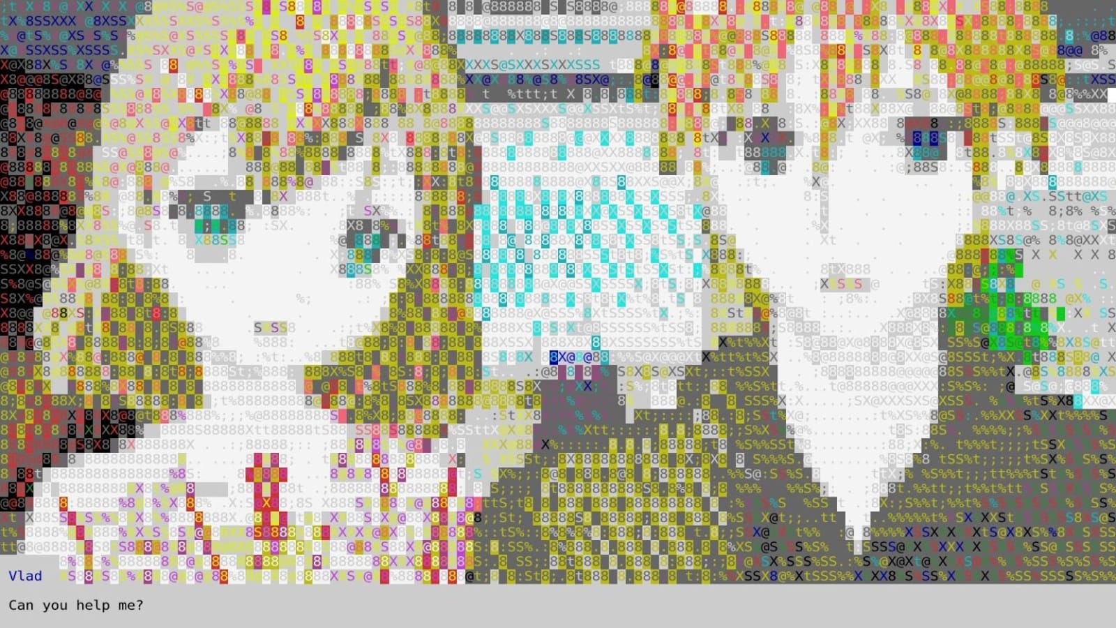 Arte ASCII com dois personagens de cabelo claro e olhos grandes formados por símbolos e letras. Fundo colorido em mosaico textual.