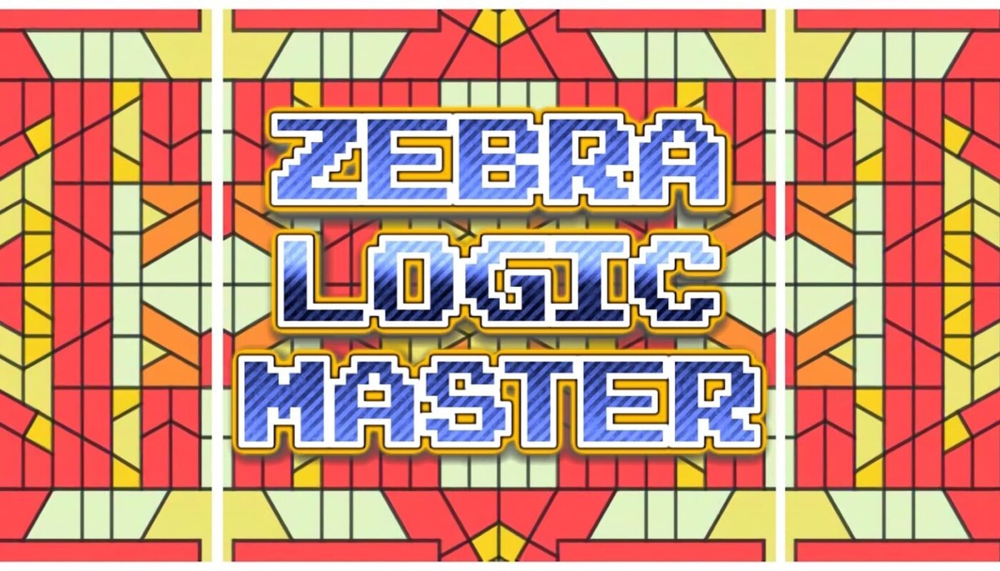 Logo com texto ‘Zebra Logic Master’ em letras azuis com contorno branco e amarelo sobre fundo simétrico de formas geométricas vermelhas, laranjas, amarelas e verde‑claro.