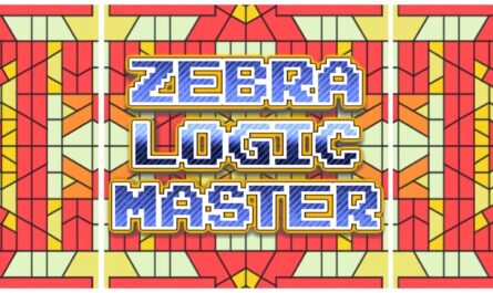 Logo com texto ‘Zebra Logic Master’ em letras azuis com contorno branco e amarelo sobre fundo simétrico de formas geométricas vermelhas, laranjas, amarelas e verde‑claro.
