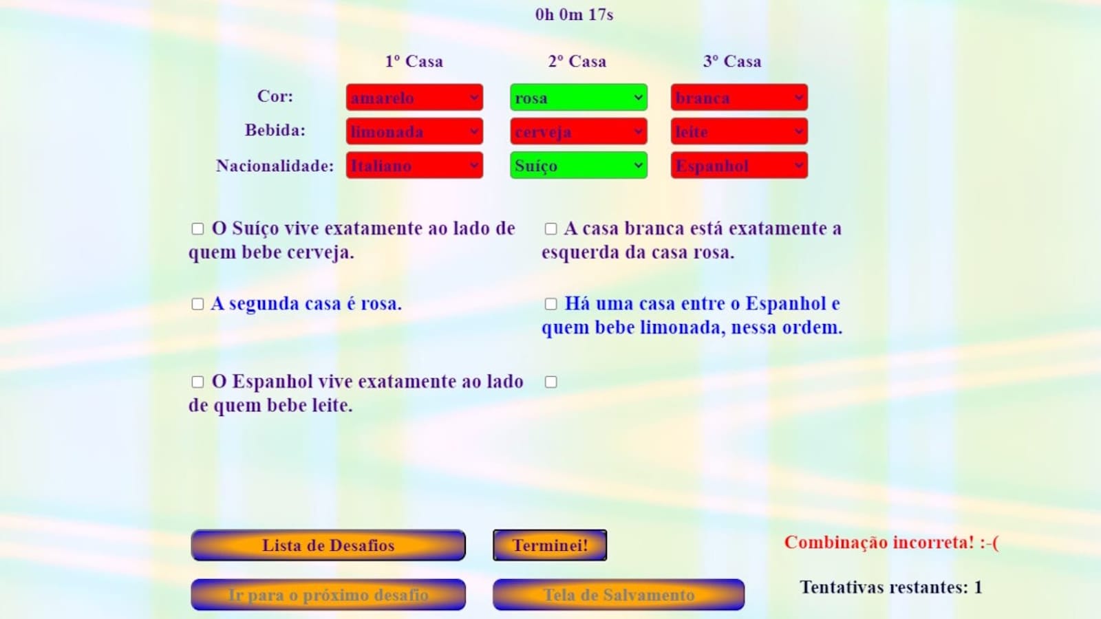 Interface de puzzle mostrando três casas com escolhas definidas: 1ª Casa amarelo/limonada/italiano; 2ª Casa rosa/cerveja/suíço; 3ª Casa branca/leite/espanhol. As pistas aparecem abaixo e mensagem em vermelho diz ‘Combinação incorreta!’ com ‘Tentativas restantes: 1’.
